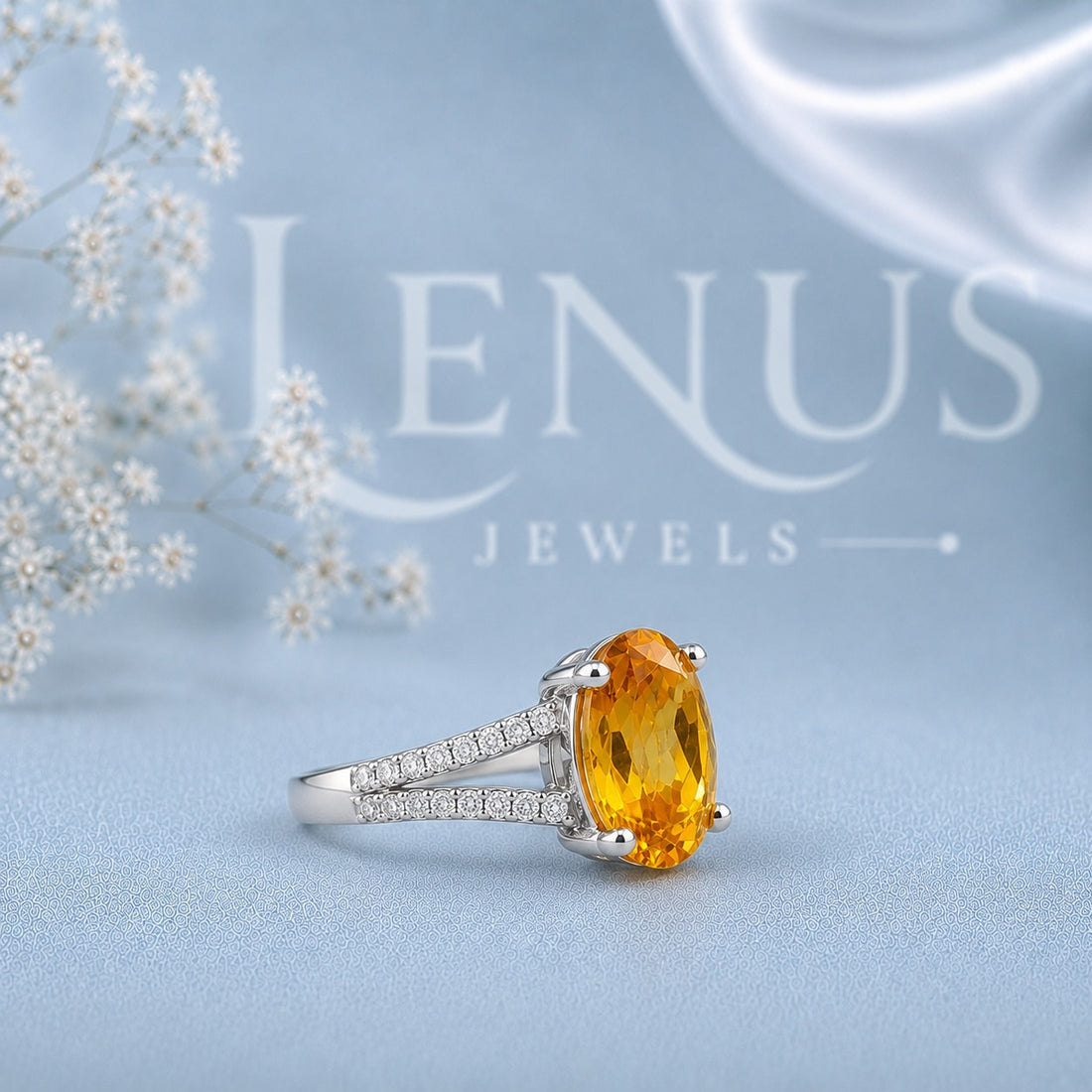 Yellow Oval Moissanite Engagement Ring – Split-Shank Pavé Ring in 925 Sterling Silver