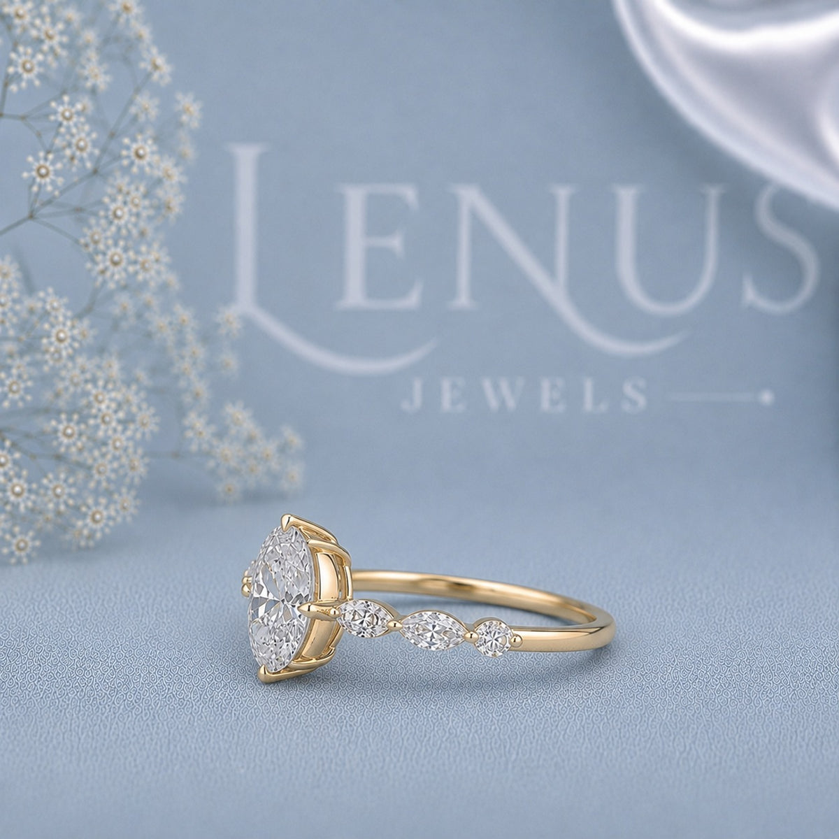 Pear Cut Moissanite Engagement Ring – 925 Sterling Silver Marquise Side Stone Ring in Yellow Gold Finish