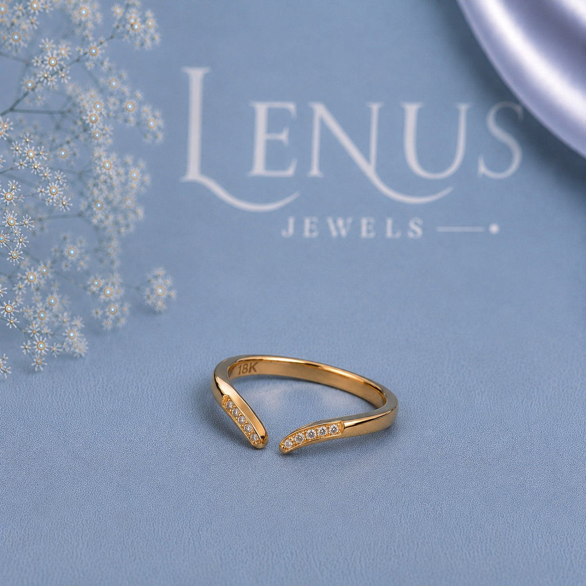 Yellow Gold Moissanite Open Cuff Ring – Minimalist Pavé Bypass Ring for Women