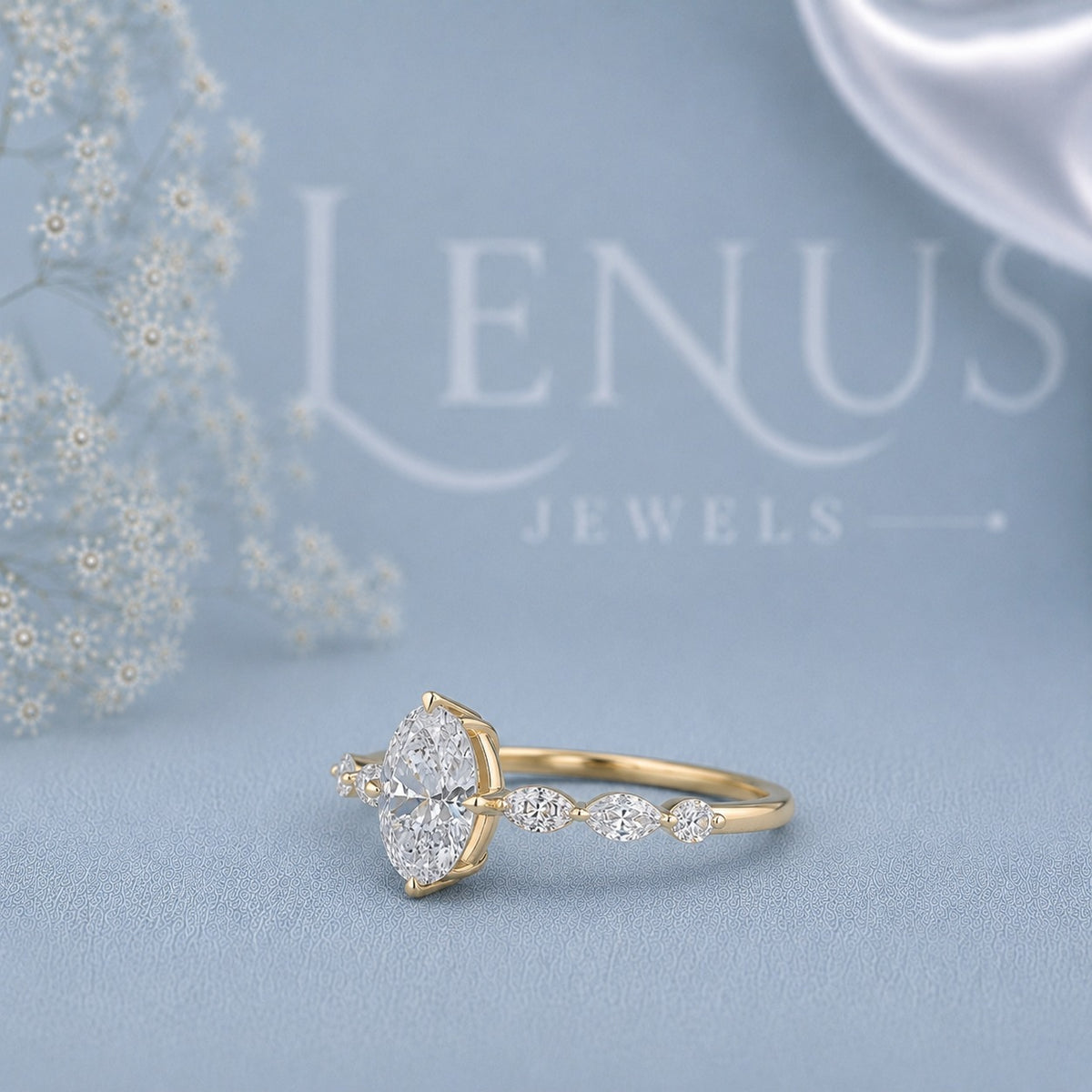 Pear Cut Moissanite Engagement Ring – 925 Sterling Silver Marquise Side Stone Ring in Yellow Gold Finish