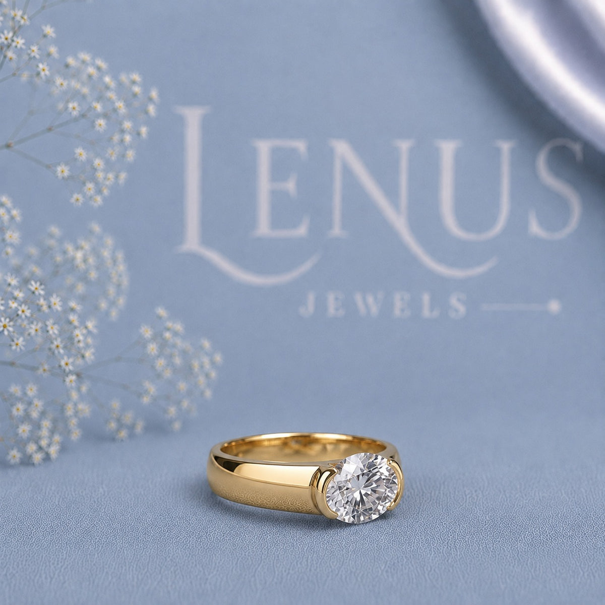 Oval East-West Moissanite Men’s Ring – Yellow Gold Finish 925 Sterling Silver Wide Band