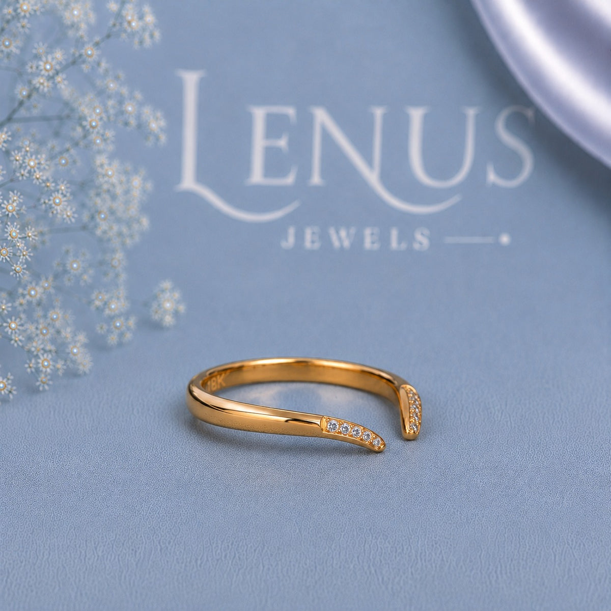 Yellow Gold Moissanite Open Cuff Ring – Minimalist Pavé Bypass Ring for Women