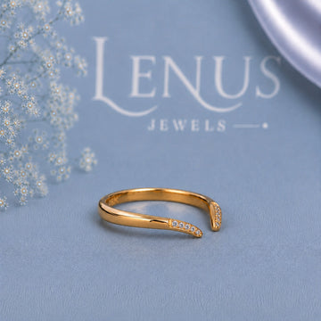 Yellow Gold Moissanite Open Cuff Ring – Minimalist Pavé Bypass Ring for Women