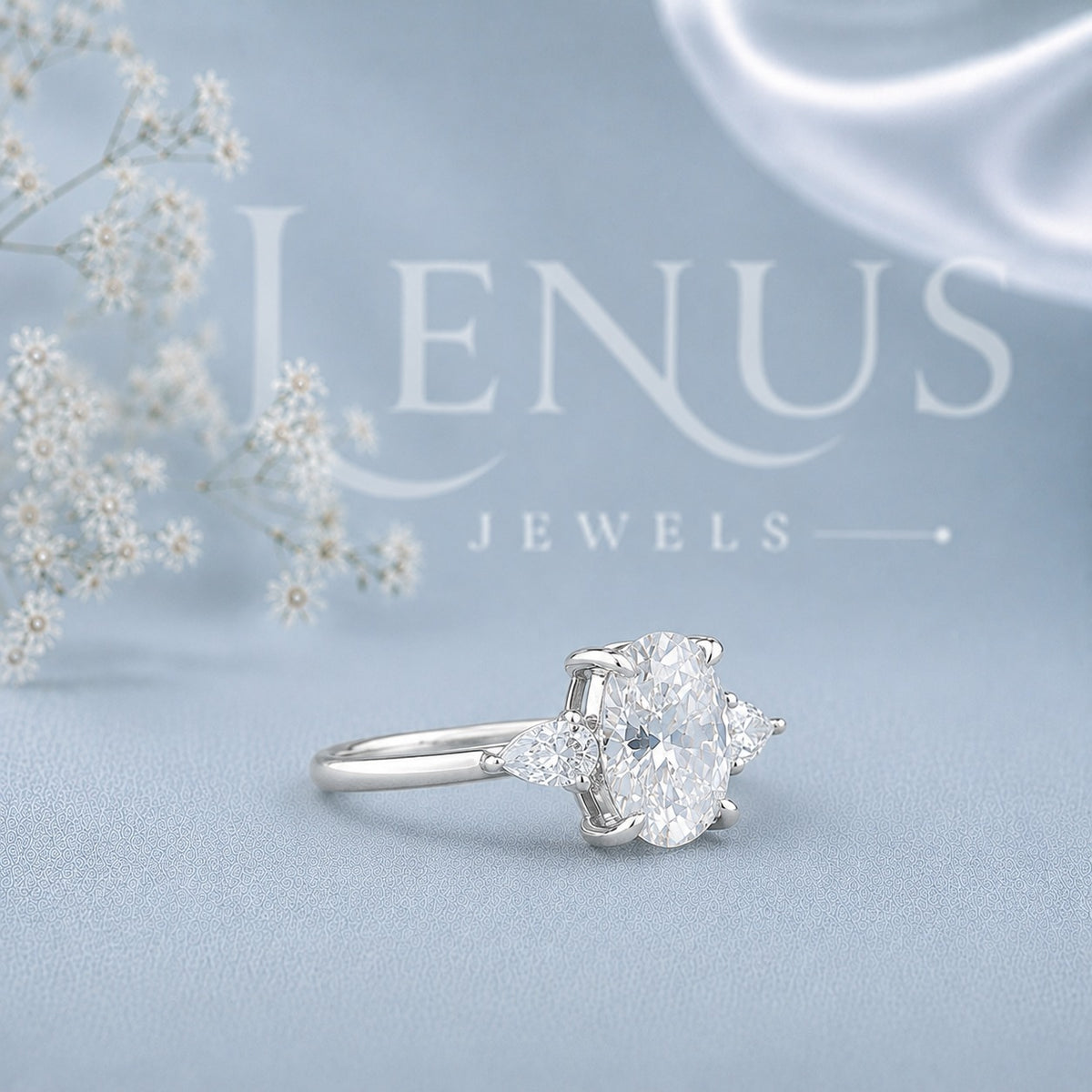 Oval Moissanite Three-Stone Engagement Ring – Pear Side-Stone Ring in 925 Sterling Silver