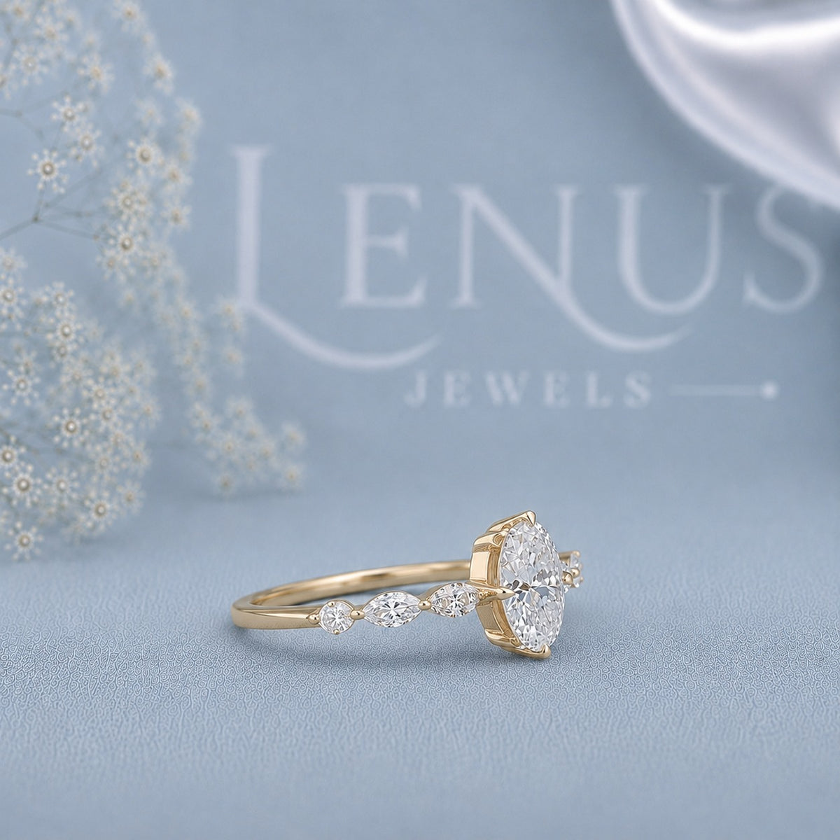 Pear Cut Moissanite Engagement Ring – 925 Sterling Silver Marquise Side Stone Ring in Yellow Gold Finish