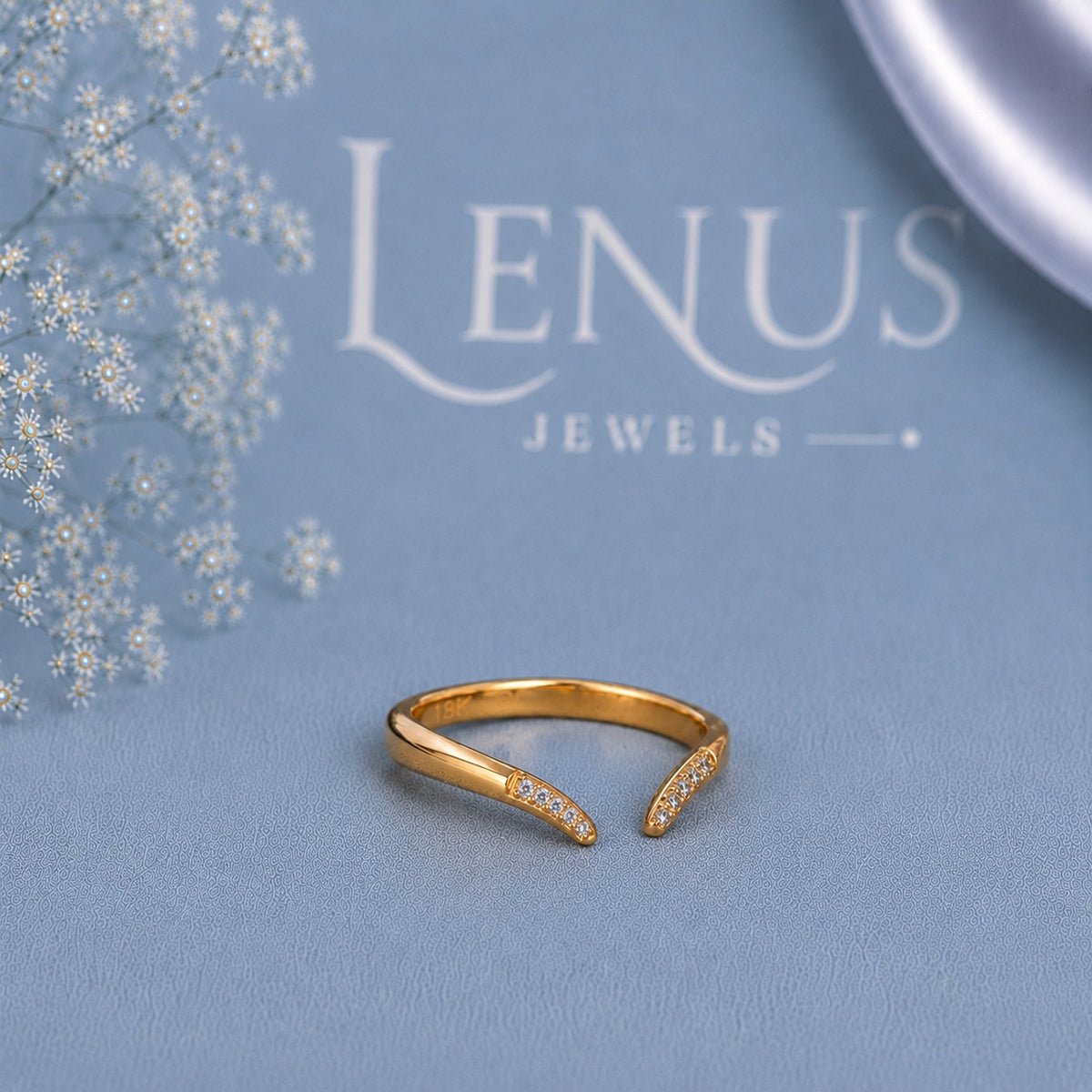 Yellow Gold Moissanite Open Cuff Ring – Minimalist Pavé Bypass Ring for Women