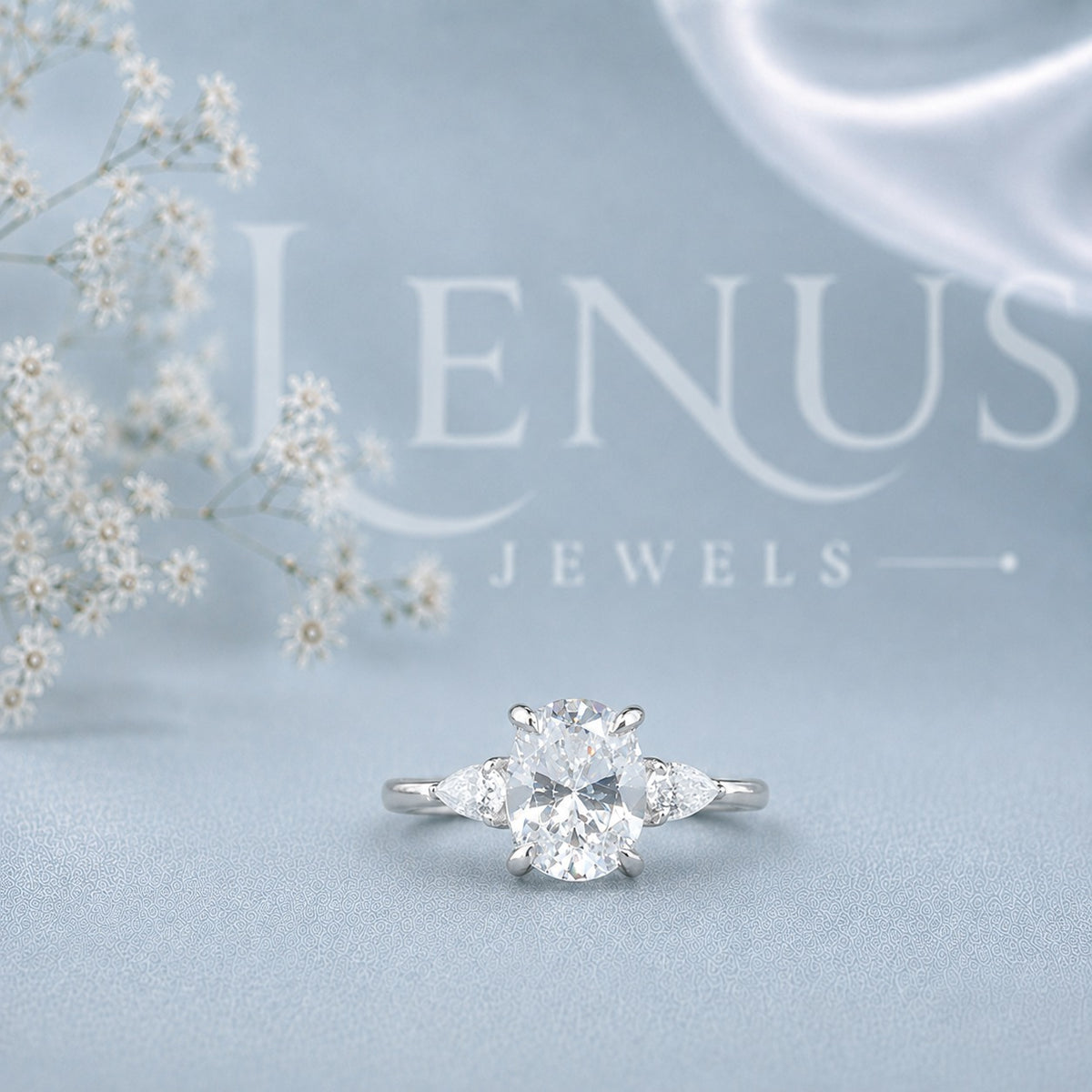 Oval Moissanite Three-Stone Engagement Ring – Pear Side-Stone Ring in 925 Sterling Silver
