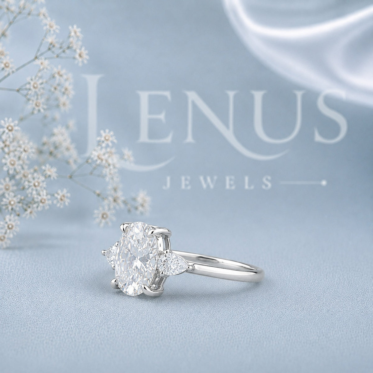 Oval Moissanite Three-Stone Engagement Ring – Pear Side-Stone Ring in 925 Sterling Silver