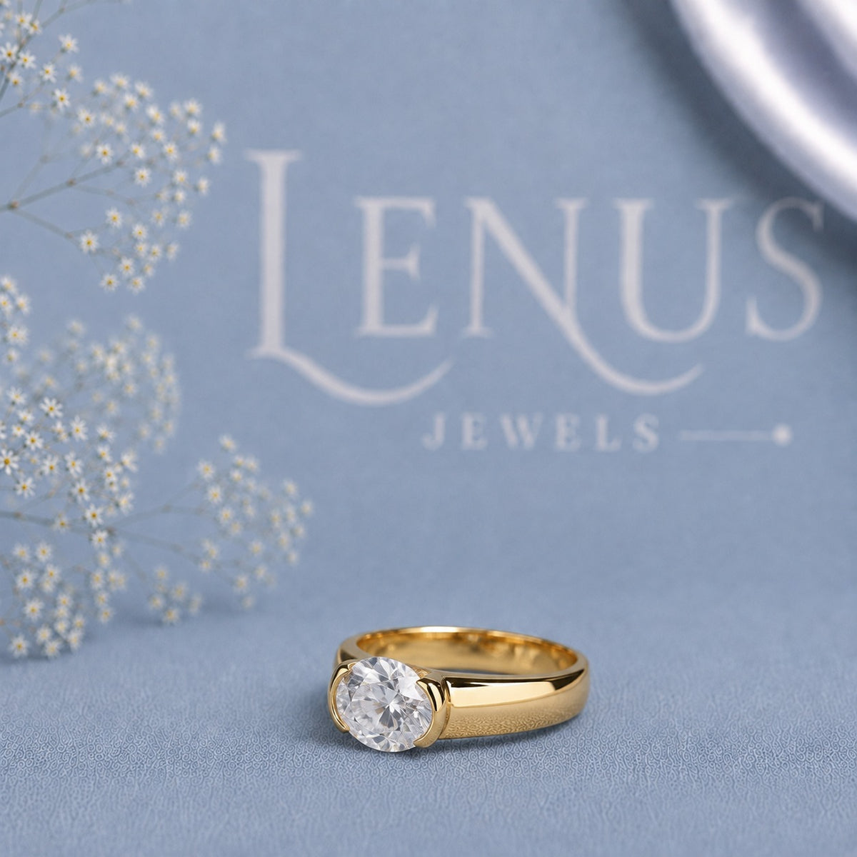 Oval East-West Moissanite Men’s Ring – Yellow Gold Finish 925 Sterling Silver Wide Band