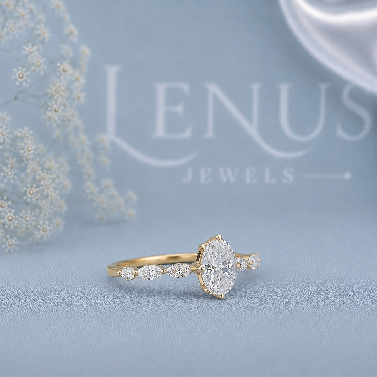 Pear Cut Moissanite Engagement Ring – 925 Sterling Silver Marquise Side Stone Ring in Yellow Gold Finish