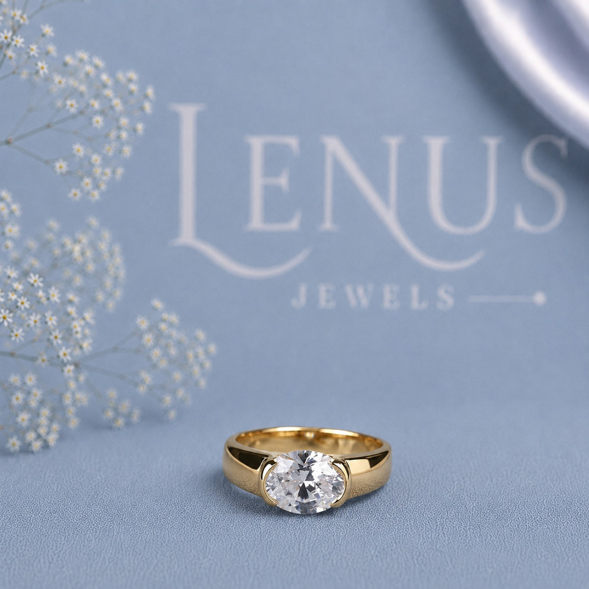 Oval East-West Moissanite Men’s Ring – Yellow Gold Finish 925 Sterling Silver Wide Band