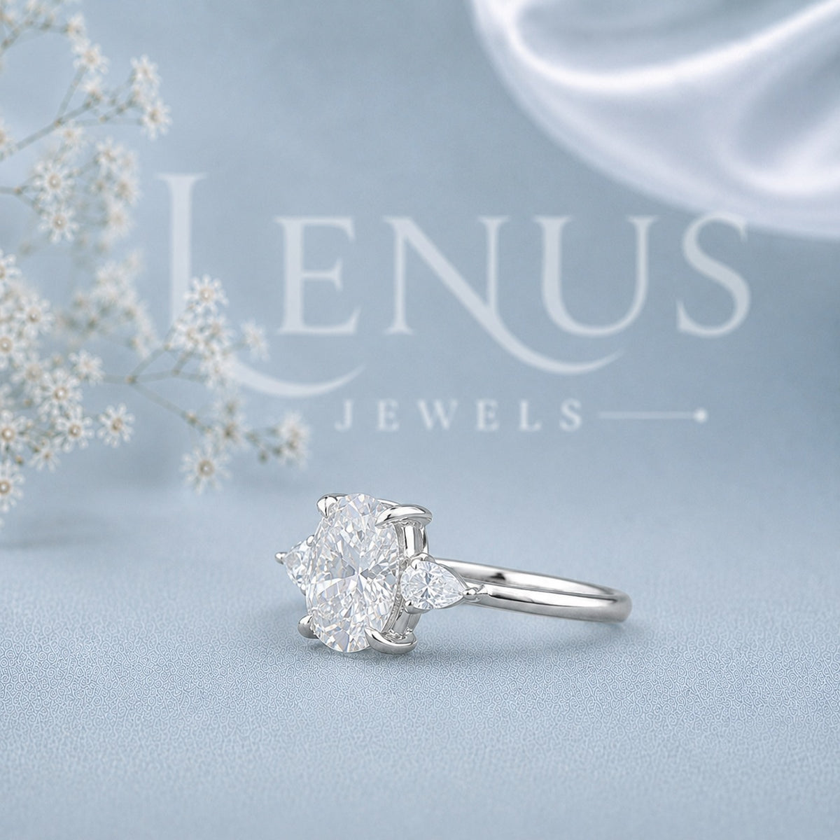 Oval Moissanite Three-Stone Engagement Ring – Pear Side-Stone Ring in 925 Sterling Silver