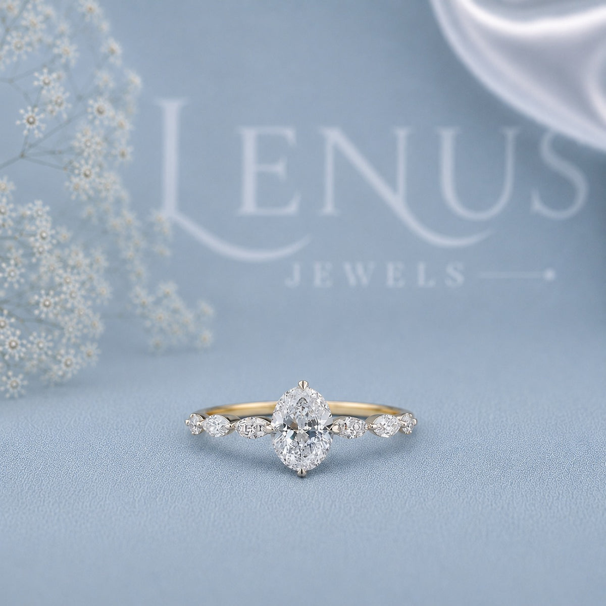 Pear Cut Moissanite Engagement Ring – 925 Sterling Silver Marquise Side Stone Ring in Yellow Gold Finish