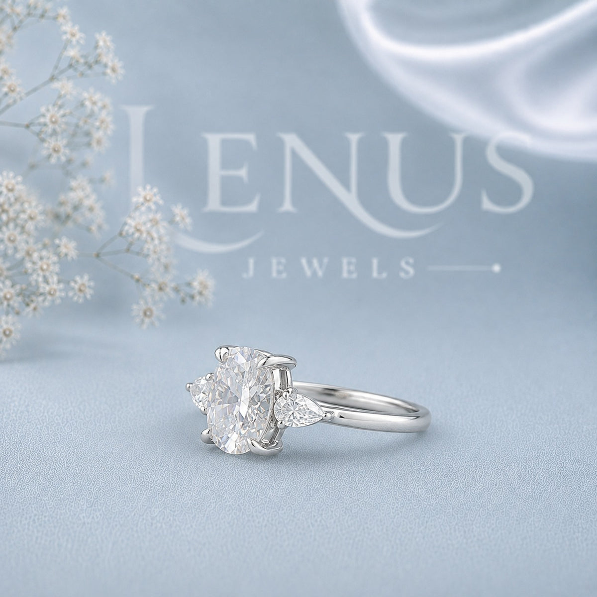 Oval Moissanite Three-Stone Engagement Ring – Pear Side-Stone Ring in 925 Sterling Silver