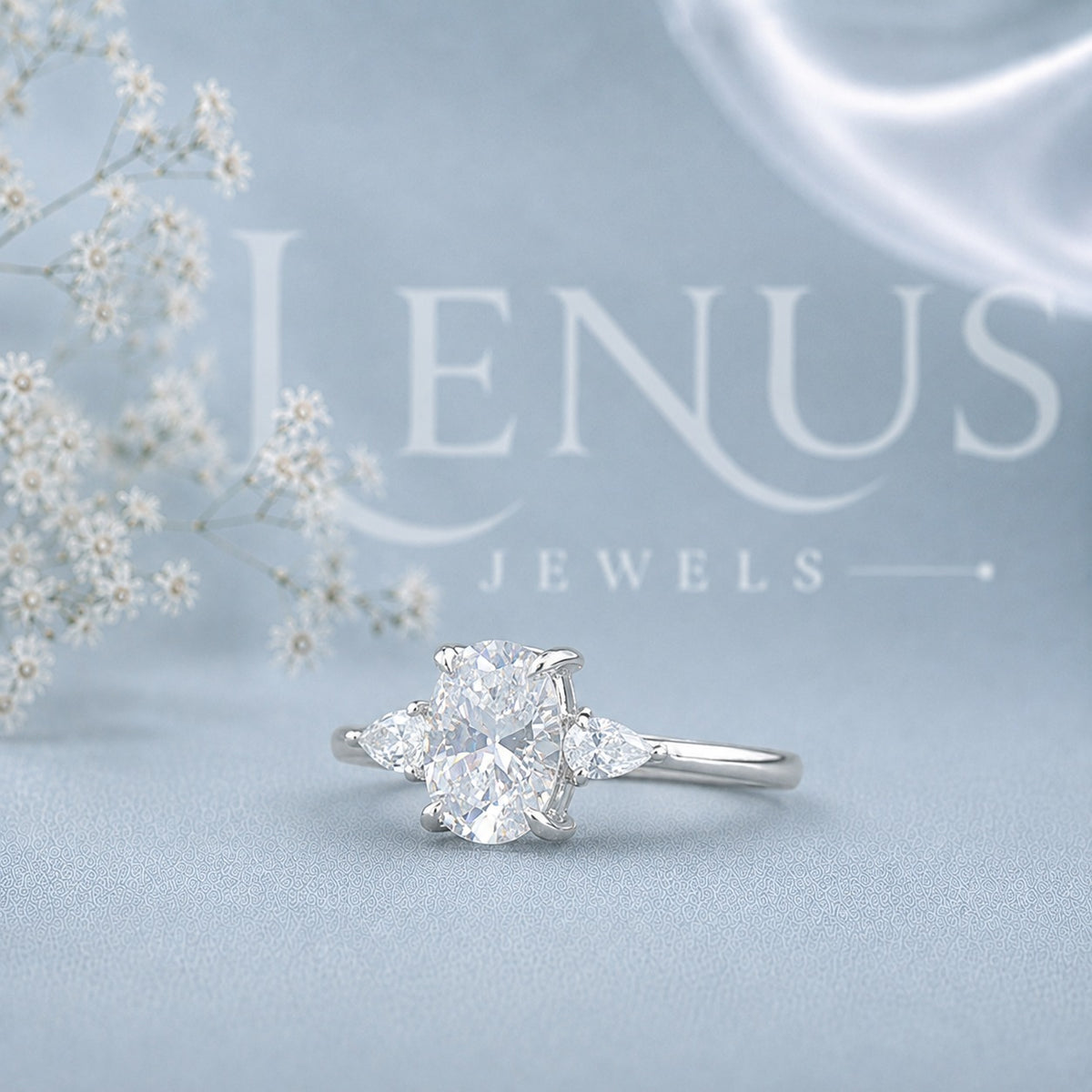 Oval Moissanite Three-Stone Engagement Ring – Pear Side-Stone Ring in 925 Sterling Silver