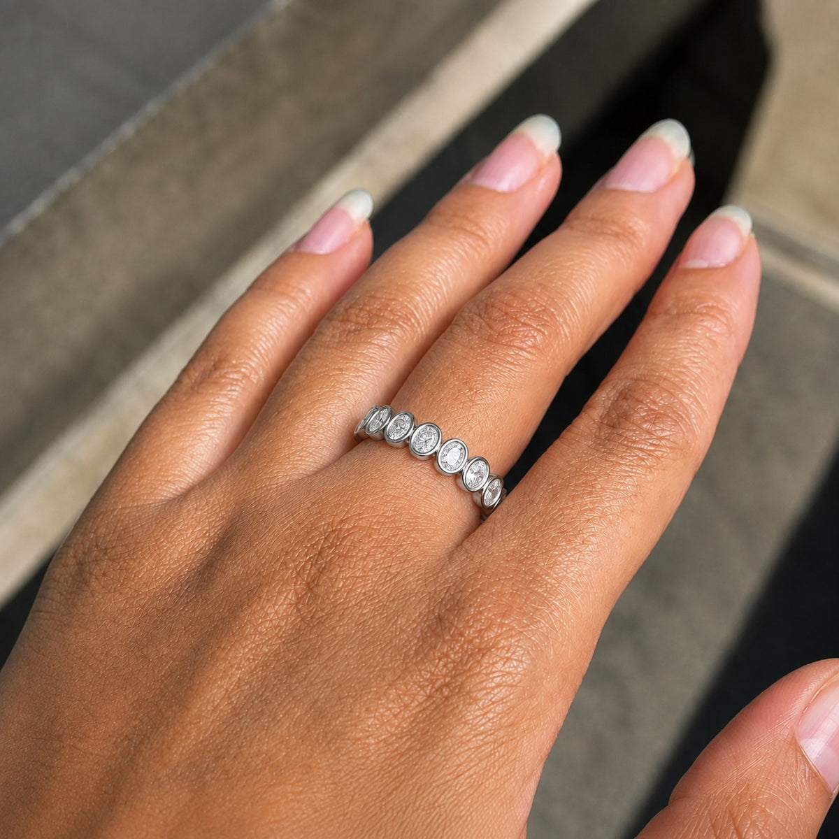 Oval East-West Moissanite Eternity Band – Bezel Set 925 Sterling Silver Wedding Ring