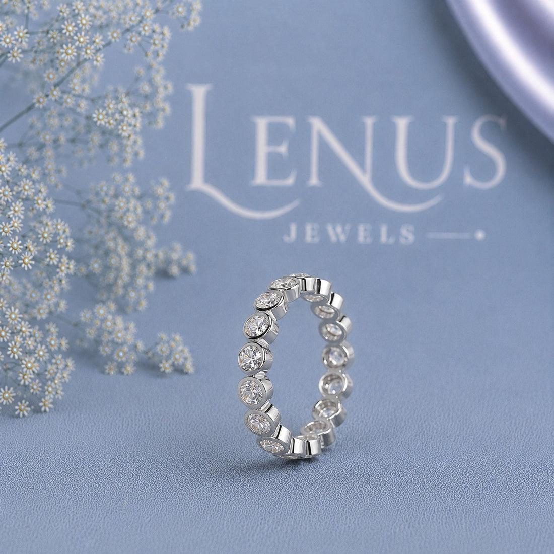 Oval East-West Moissanite Eternity Band – Bezel Set 925 Sterling Silver Wedding Ring