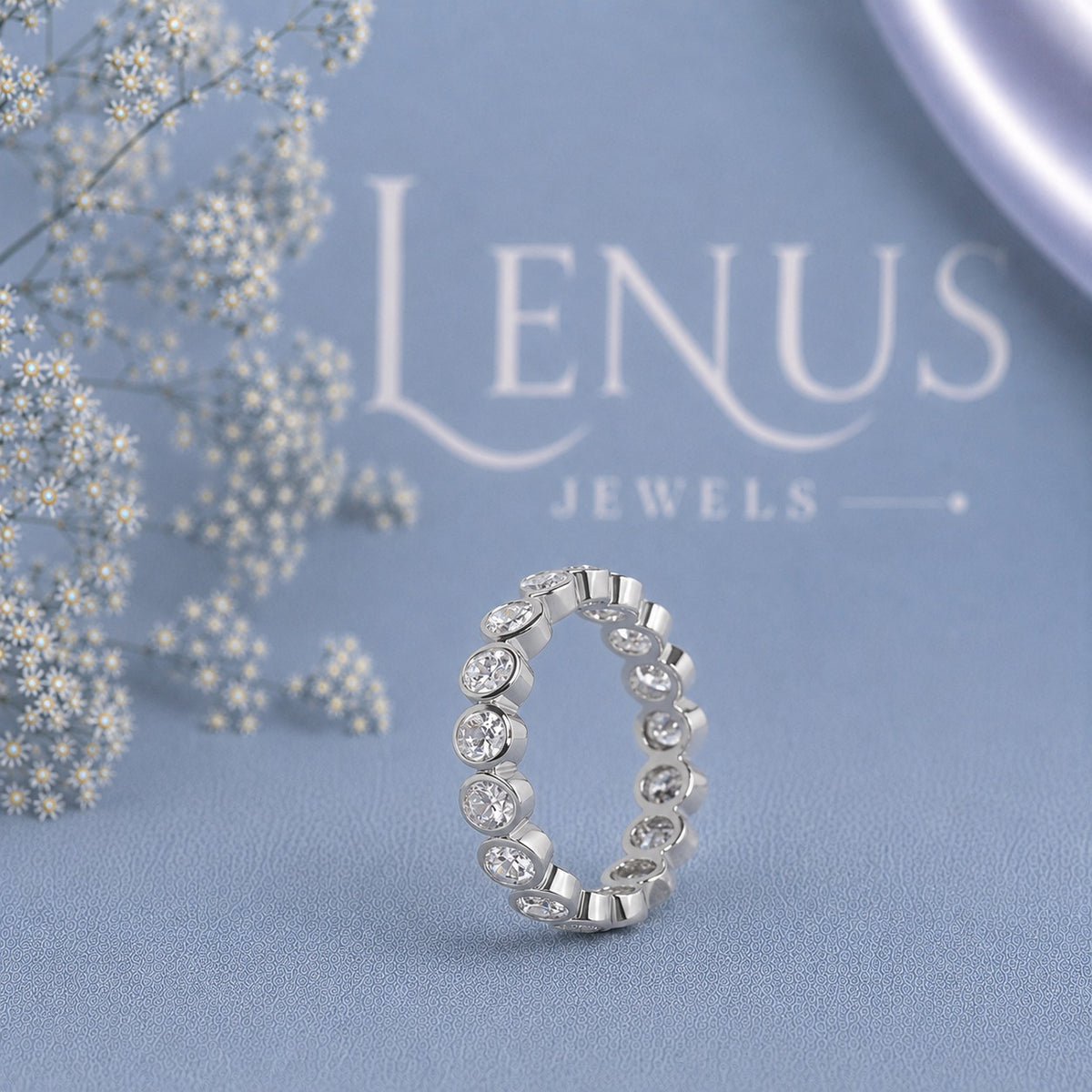 Oval East-West Moissanite Eternity Band – Bezel Set 925 Sterling Silver Wedding Ring