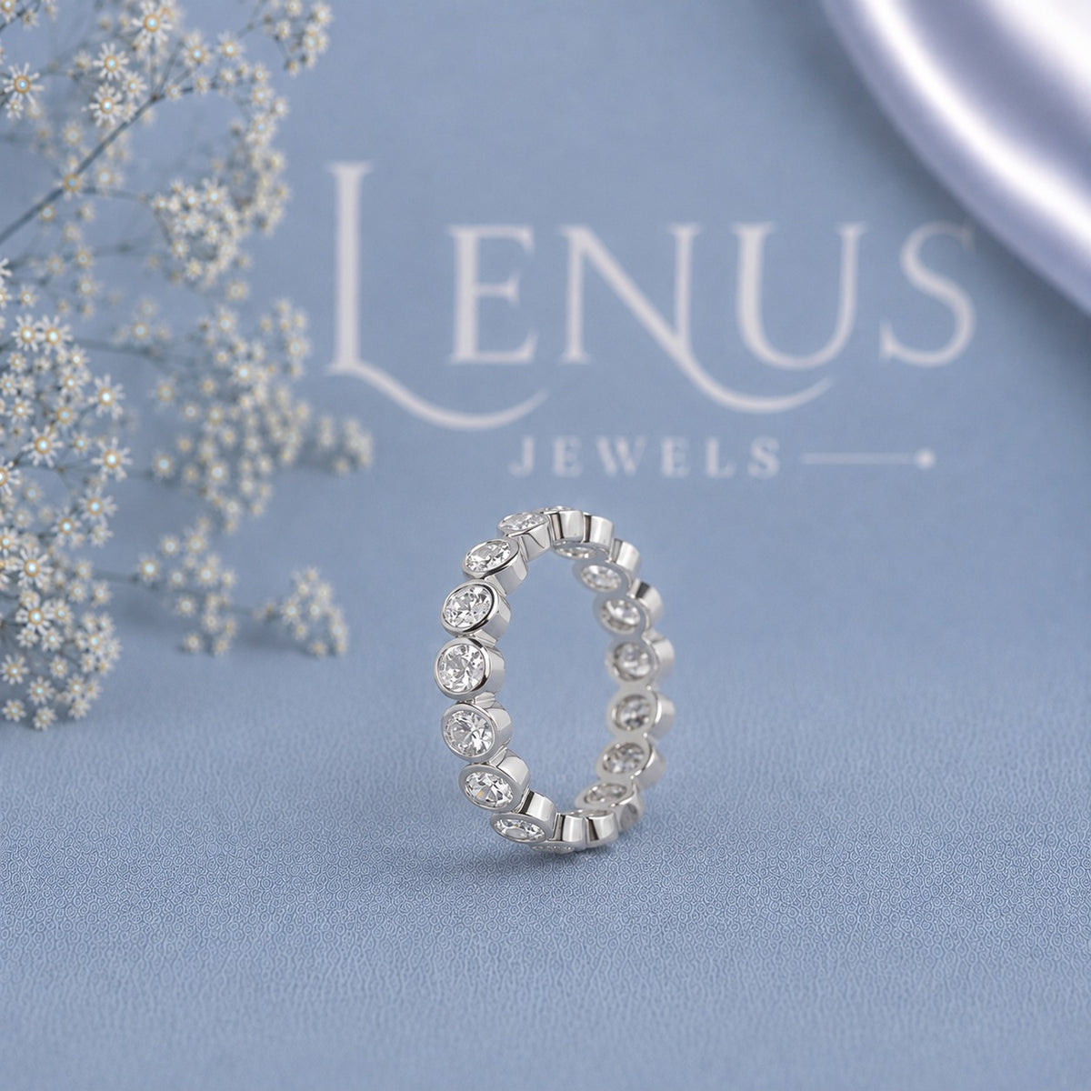 Oval East-West Moissanite Eternity Band – Bezel Set 925 Sterling Silver Wedding Ring