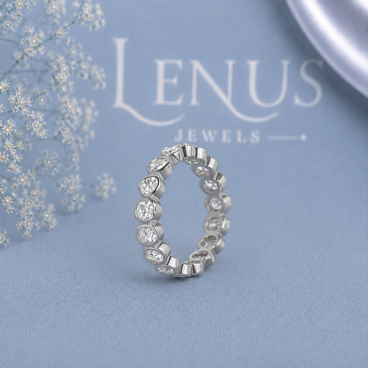 Oval East-West Moissanite Eternity Band – Bezel Set 925 Sterling Silver Wedding Ring