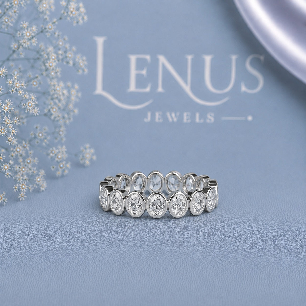 Oval East-West Moissanite Eternity Band – Bezel Set 925 Sterling Silver Wedding Ring