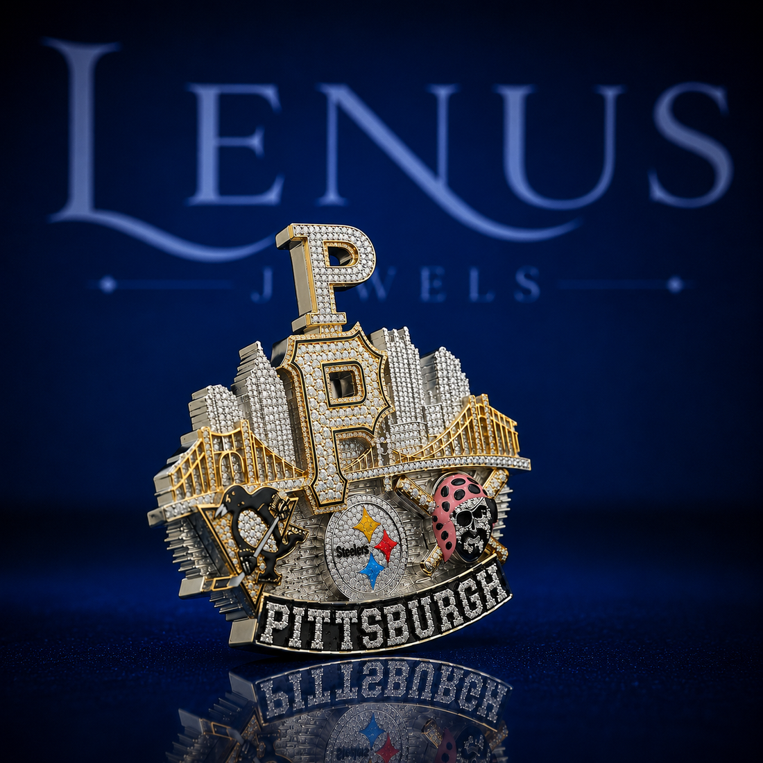 Pittsburgh Football City Skyline Pendant – Iced Out VVS Moissanite 925 Silver Two Tone Hip Hop Jewelry Custom Pittsburgh Pendant