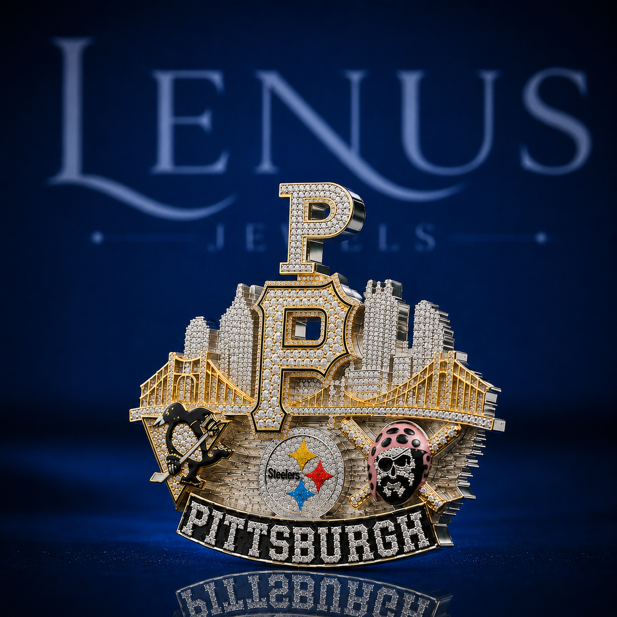 Pittsburgh Football City Skyline Pendant – Iced Out VVS Moissanite 925 Silver Two Tone Hip Hop Jewelry Custom Pittsburgh Pendant