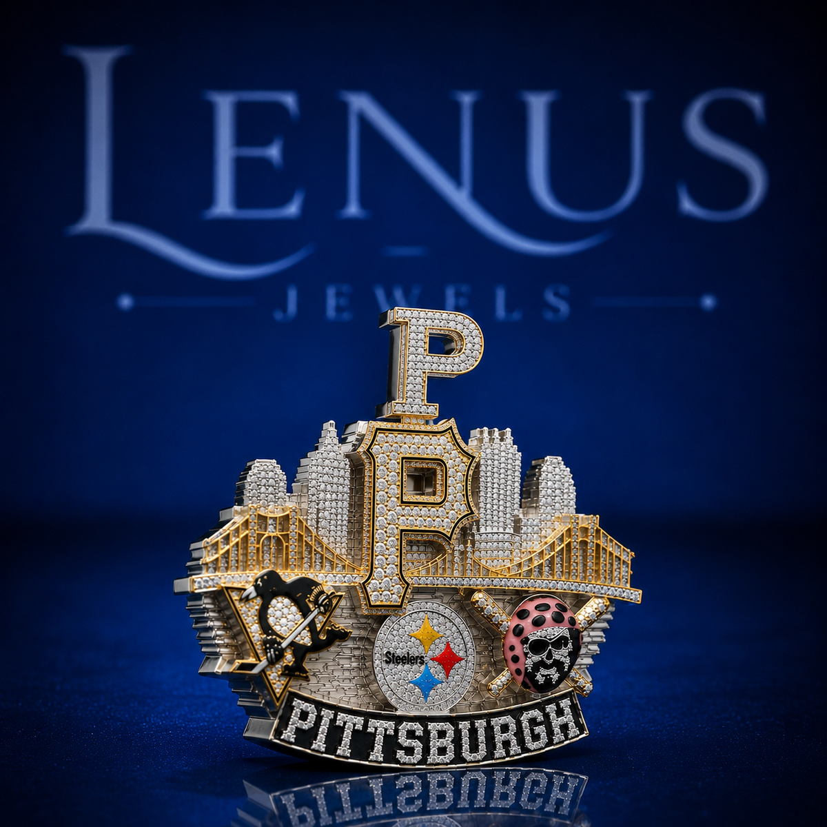 Pittsburgh Football City Skyline Pendant – Iced Out VVS Moissanite 925 Silver Two Tone Hip Hop Jewelry Custom Pittsburgh Pendant