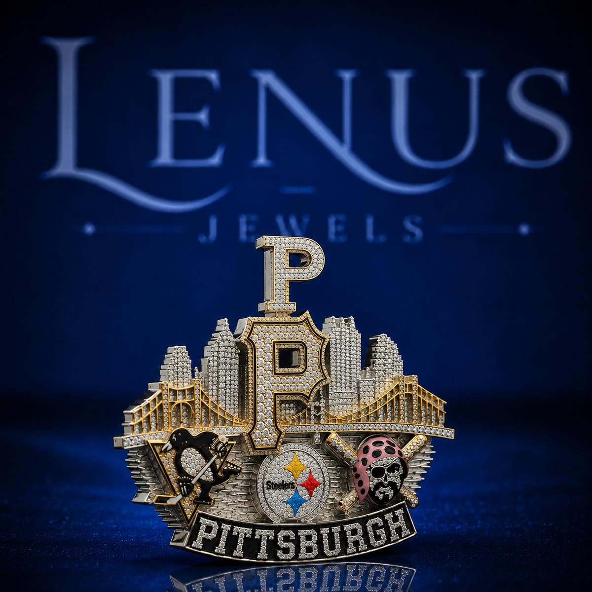 Pittsburgh Football City Skyline Pendant – Iced Out VVS Moissanite 925 Silver Two Tone Hip Hop Jewelry Custom Pittsburgh Pendant