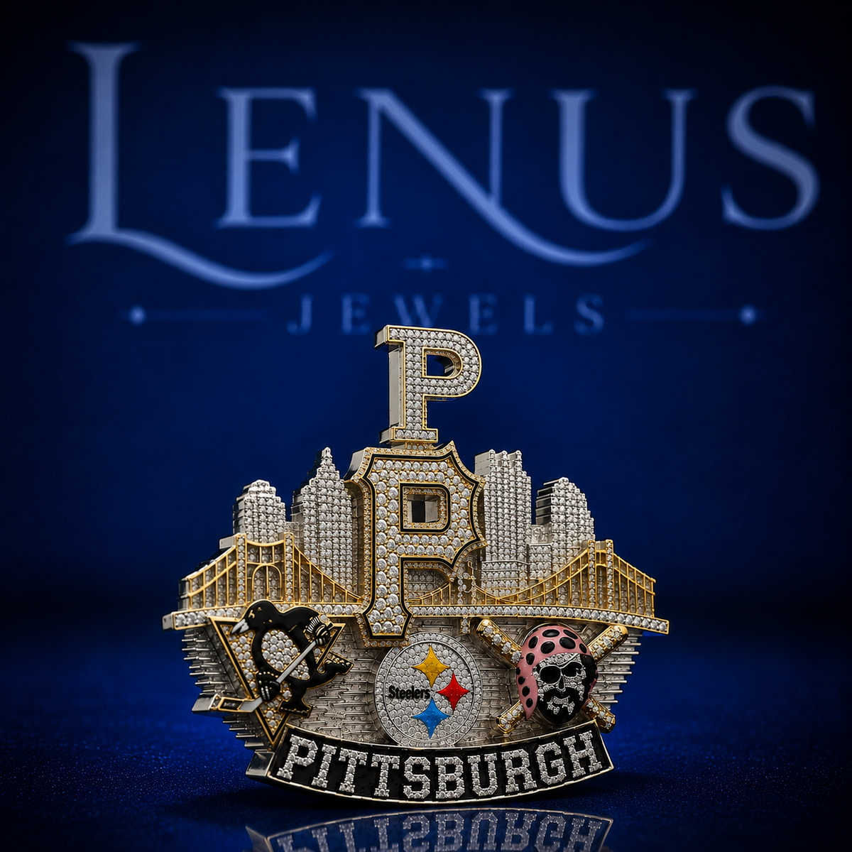 Pittsburgh Football City Skyline Pendant – Iced Out VVS Moissanite 925 Silver Two Tone Hip Hop Jewelry Custom Pittsburgh Pendant