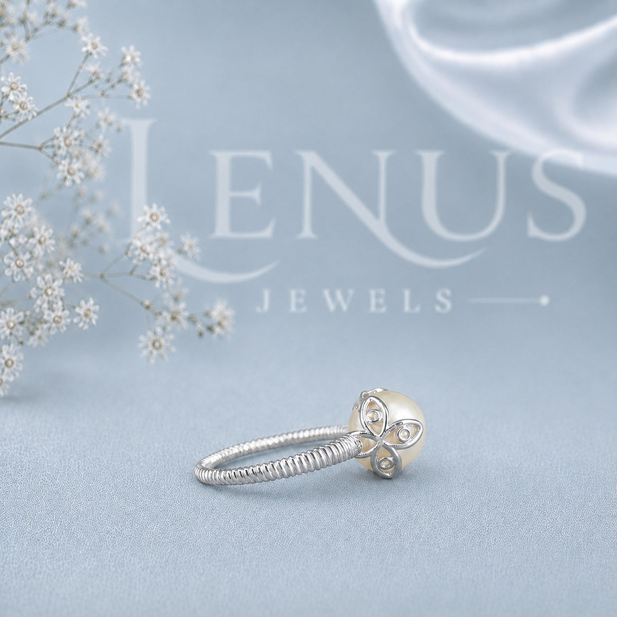 White Pearl and Moissanite Ring – Crescent Setting 925 Sterling Silver Bridal Ring
