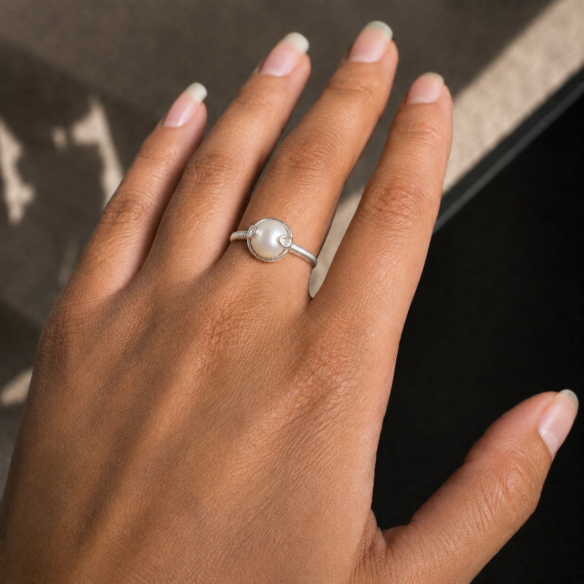 White Pearl and Moissanite Ring – Crescent Setting 925 Sterling Silver Bridal Ring