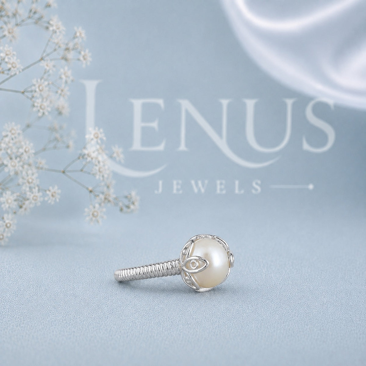 White Pearl and Moissanite Ring – Crescent Setting 925 Sterling Silver Bridal Ring