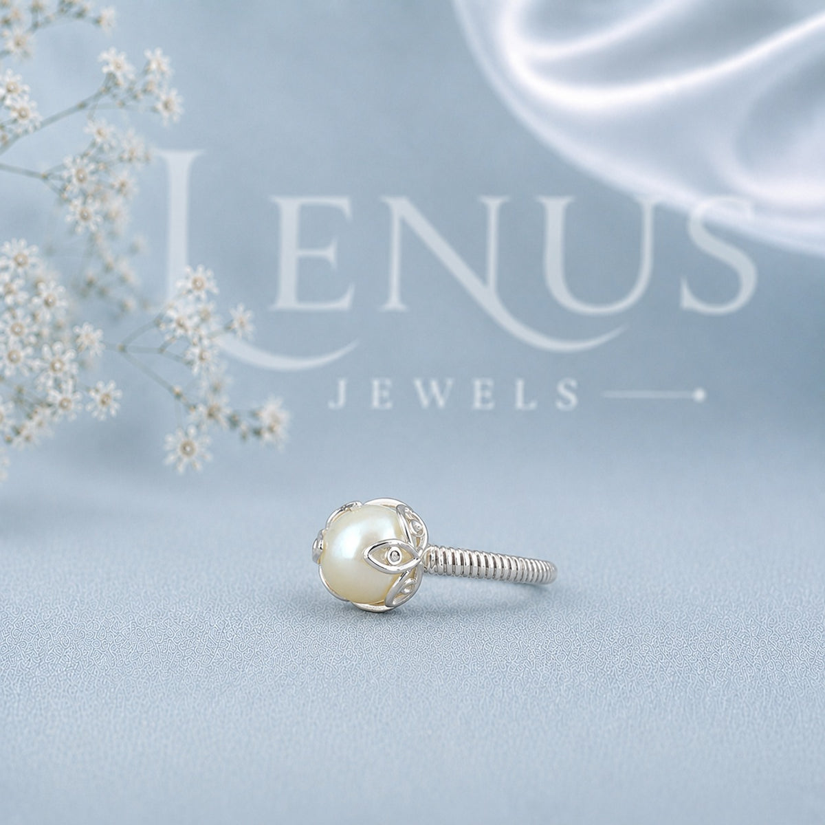 White Pearl and Moissanite Ring – Crescent Setting 925 Sterling Silver Bridal Ring