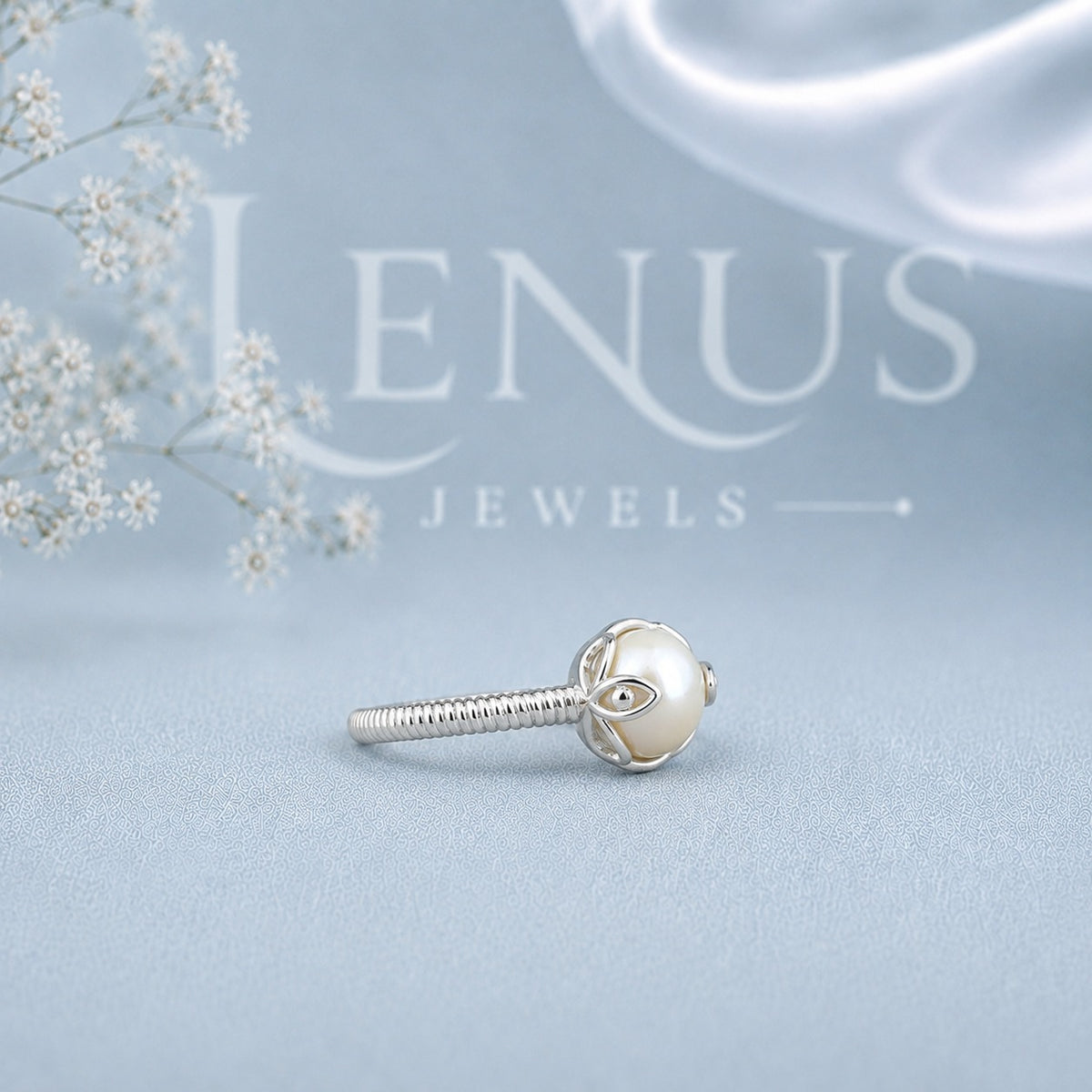 White Pearl and Moissanite Ring – Crescent Setting 925 Sterling Silver Bridal Ring