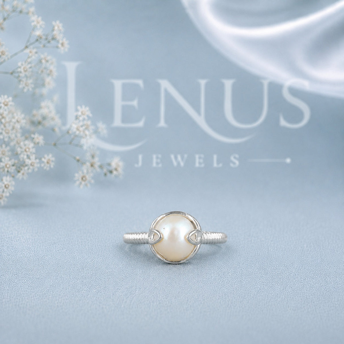 White Pearl and Moissanite Ring – Crescent Setting 925 Sterling Silver Bridal Ring