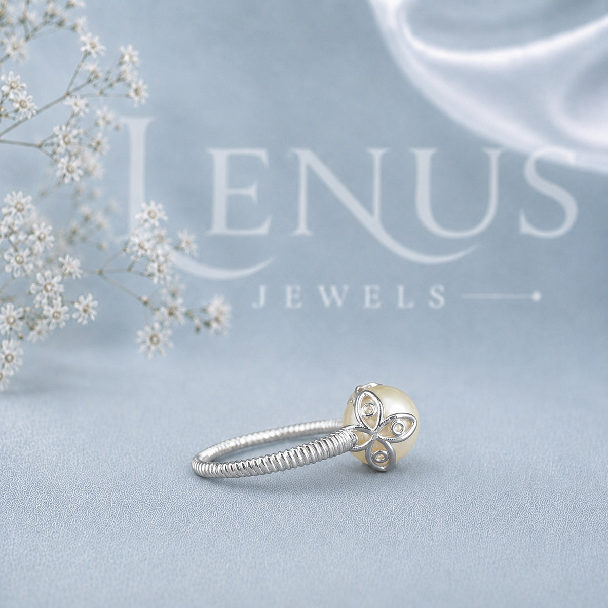 White Pearl and Moissanite Ring – Crescent Setting 925 Sterling Silver Bridal Ring