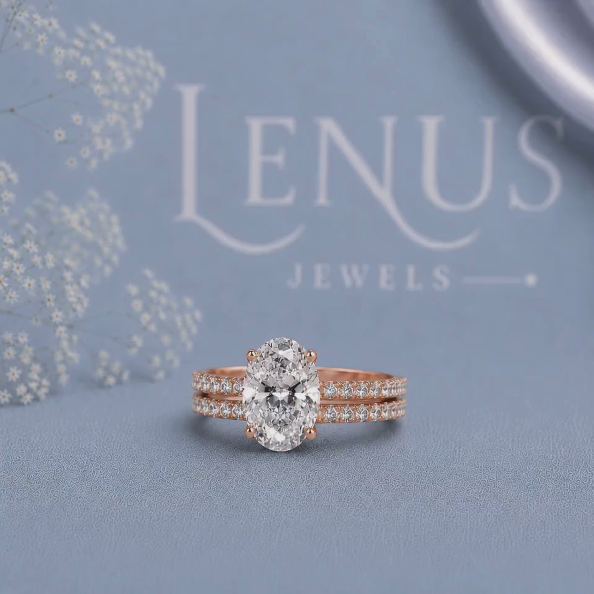 Oval Moissanite Bridal Ring Set – Rose Gold Finish Pavé Engagement Ring and Wedding Band