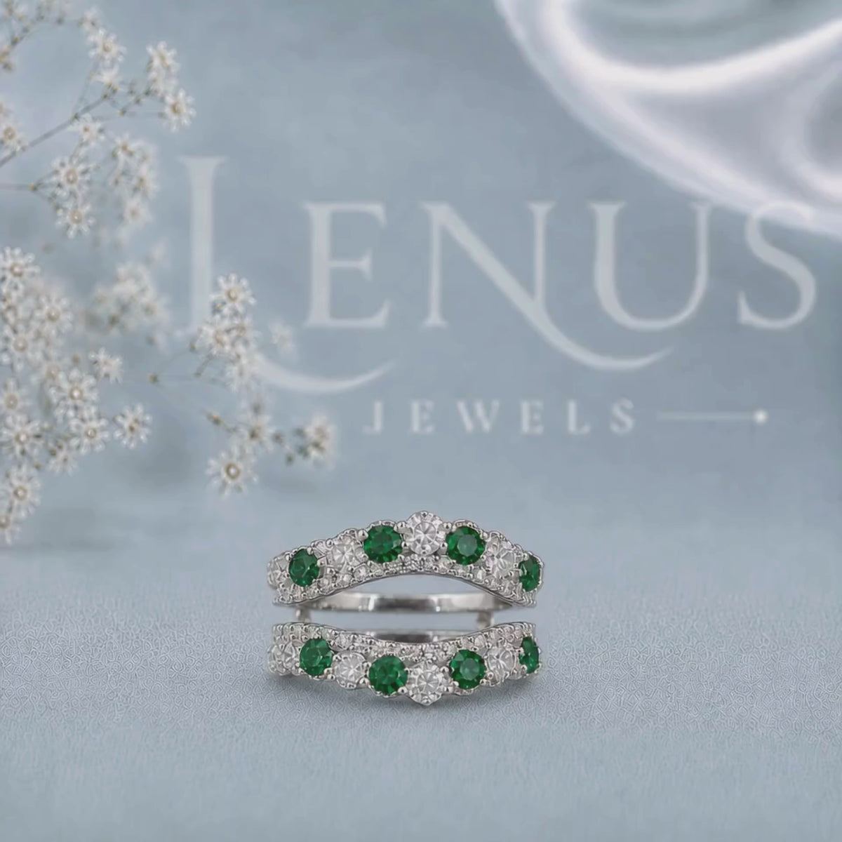 Green & White Moissanite Double Ring Guard Set – Round Cut Floral Cluster Wedding Band Enhancer in 925 Sterling Silver