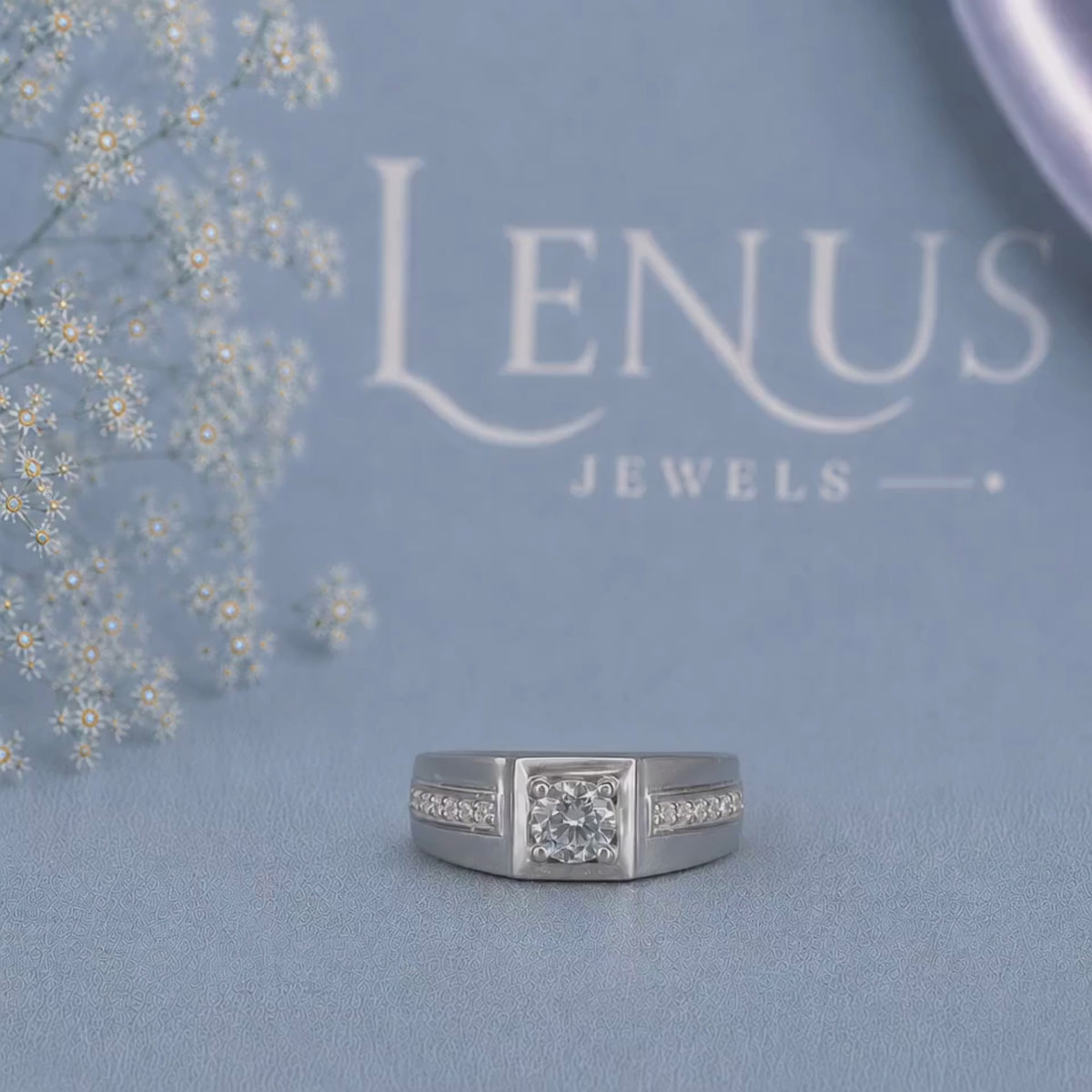 Men’s Round Moissanite Signet Ring – Square Bezel White Gold Style Ring in 925 Sterling Silver