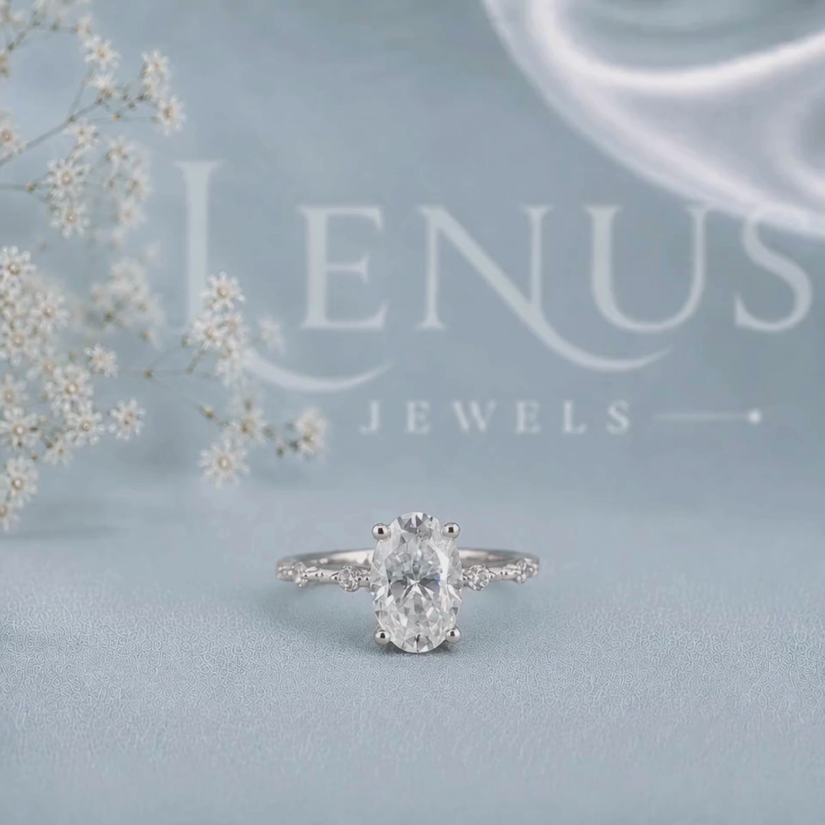 Oval-Cut Moissanite Engagement Ring – Marquise Leaf Pavé Band in 925 Sterling Silver
