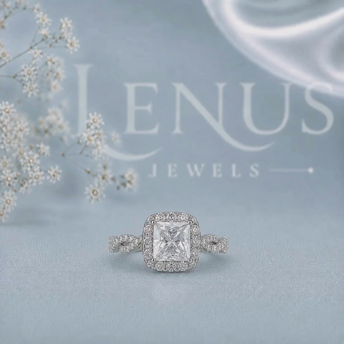 Princess-Cut Moissanite Halo Engagement Ring with Infinity Twist Pavé Band in 925 Silver