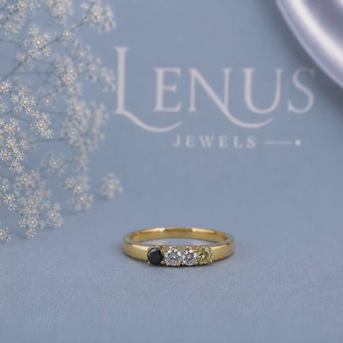 Black White & Yellow Moissanite Four-Stone Ring – Custom Family Birthstone Band in 925 Sterling Silver