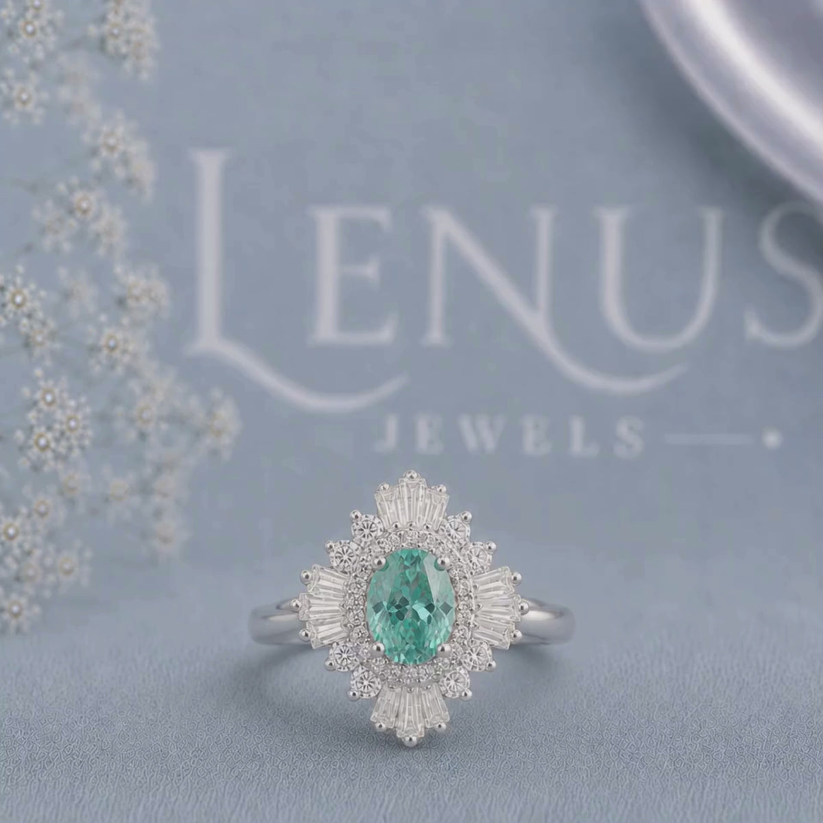 Teal Oval Moissanite Halo Engagement Ring – Baguette Sunburst 925 Sterling Silver Ring