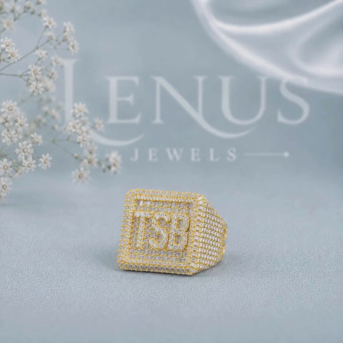 Custom TSB Initial Moissanite Signet Ring – Iced-Out Square Monogram Ring in 925 Sterling Silver