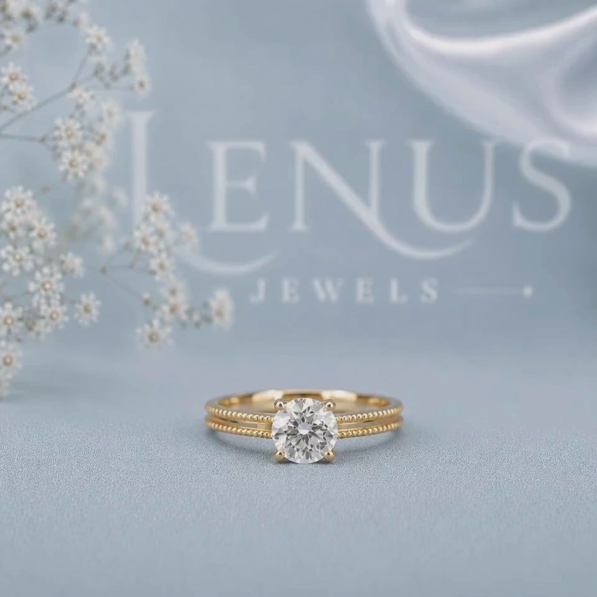 Round Moissanite Solitaire Ring – 925 Sterling Silver Yellow Gold Double Band Engagement Ring