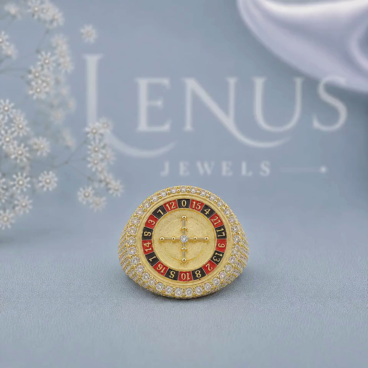 Men’s Iced Out Roulette Moissanite Ring – 925 Sterling Silver Casino Statement Ring in Yellow Gold Finish