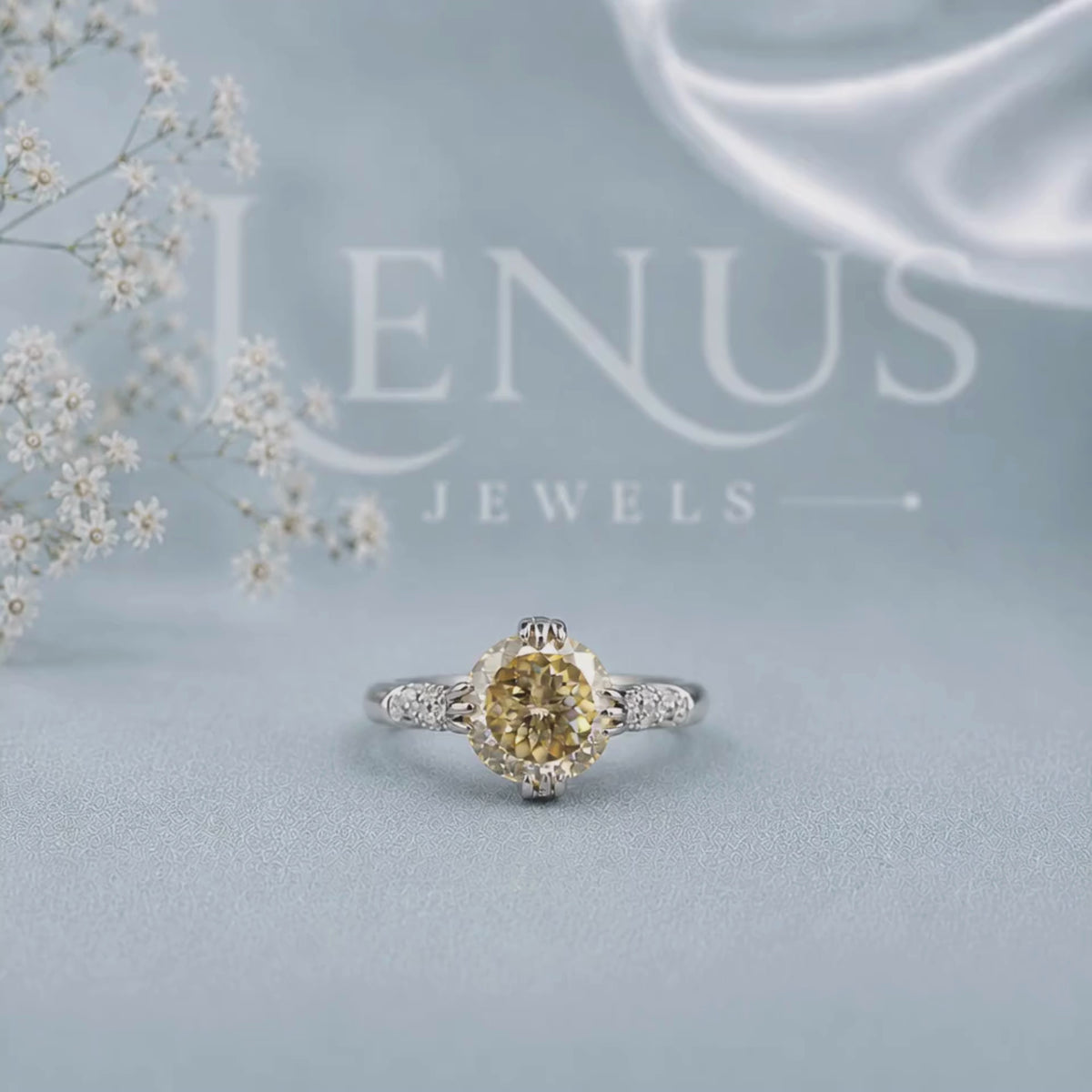Champagne Round Moissanite Three-Stone Engagement Ring – Pear Side Stones in 925 Sterling Silver