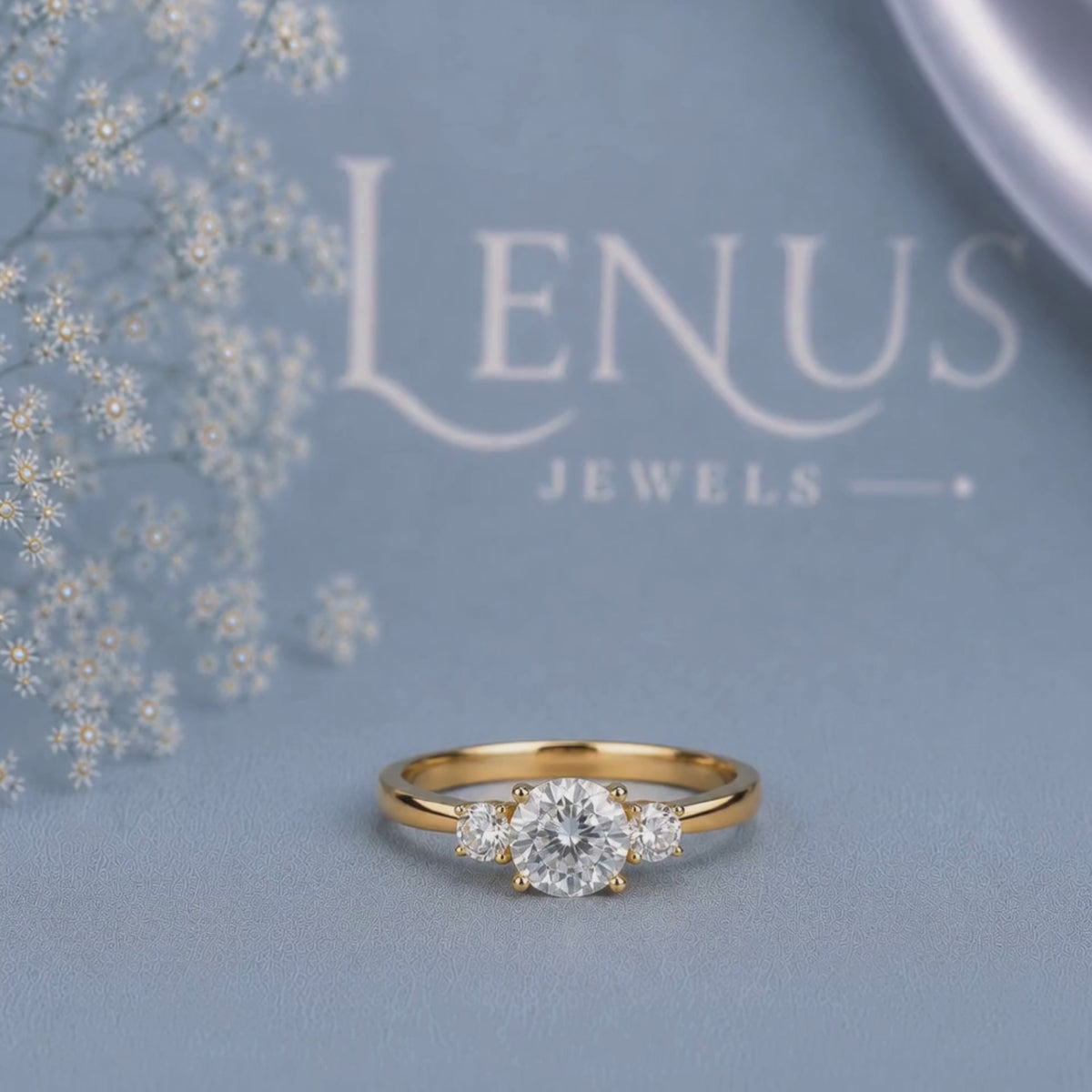 Round Moissanite Three-Stone Engagement Ring – Yellow Gold Side-Stone 925 Sterling Silver Promise Ring