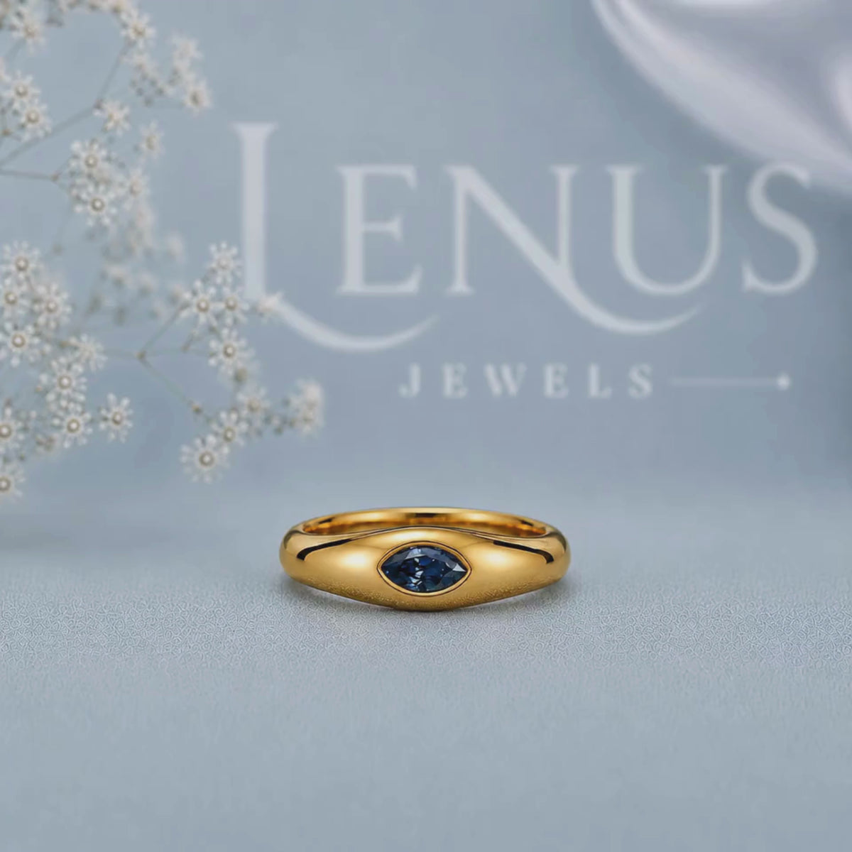Blue Marquise Moissanite Ring – 925 Sterling Silver Yellow Gold Bezel Set Signet Band